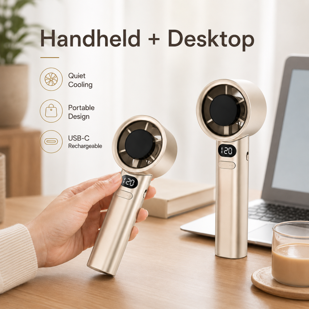 Wiederaufladbarer Handventilator mit Digitalanzeige – kompakter USB-Mini-Ventilator mit stufenloser Geschwindigkeitsregelung für Reise, Büro und Zuhause