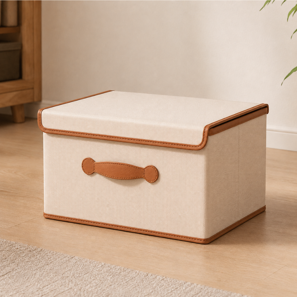 Faltbare Aufbewahrungsbox mit Deckel & Ledergriffen – Stoffbox aus Oxford, Stapelbar