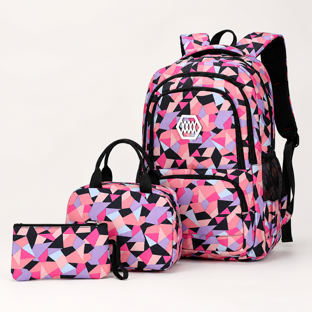 3-teiliges Schulrucksack-Set mit geometrischem Muster – Wasserabweisender Rucksack mit Laptopfach, Lunch-Tasche & Etui