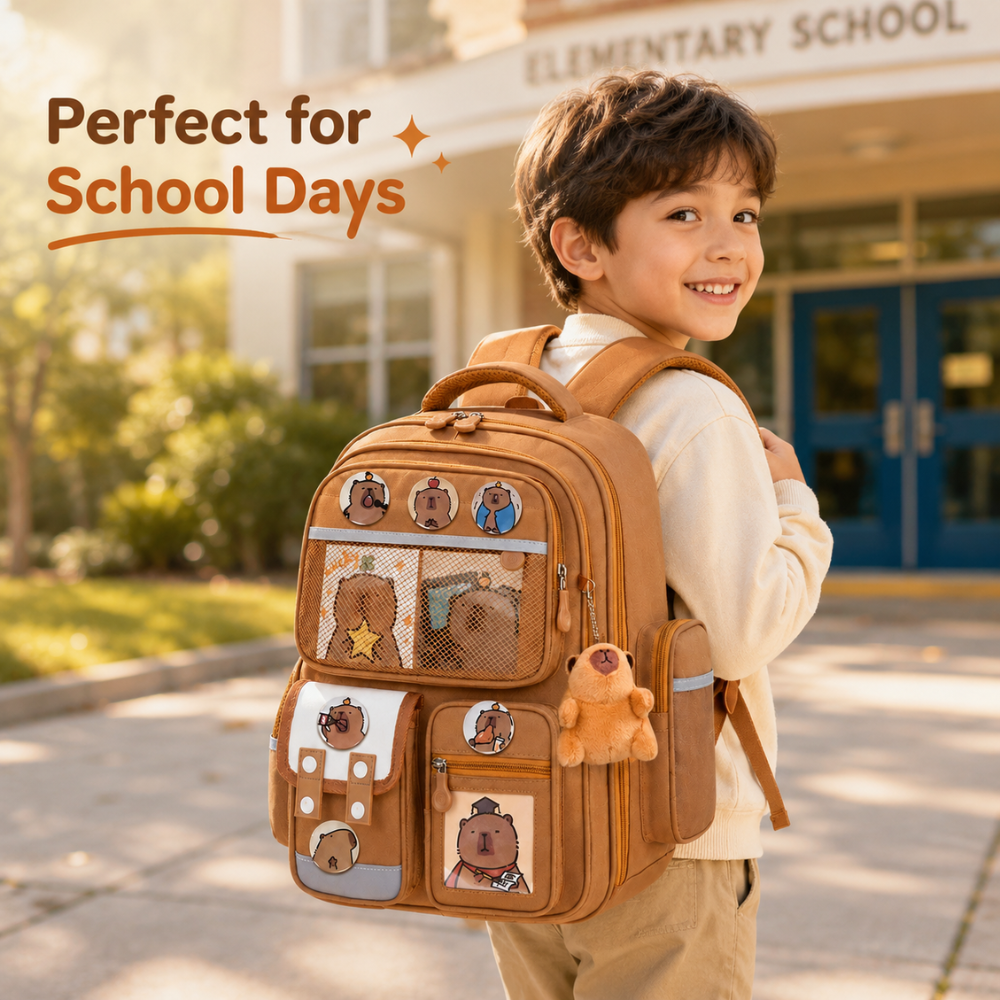 Kinder-Schulrucksack mit Capybara-Motiv – Wasserabweisender Rucksack mit großem Fassungsvermögen & gepolsterten Trägern für Schule & Freizeit