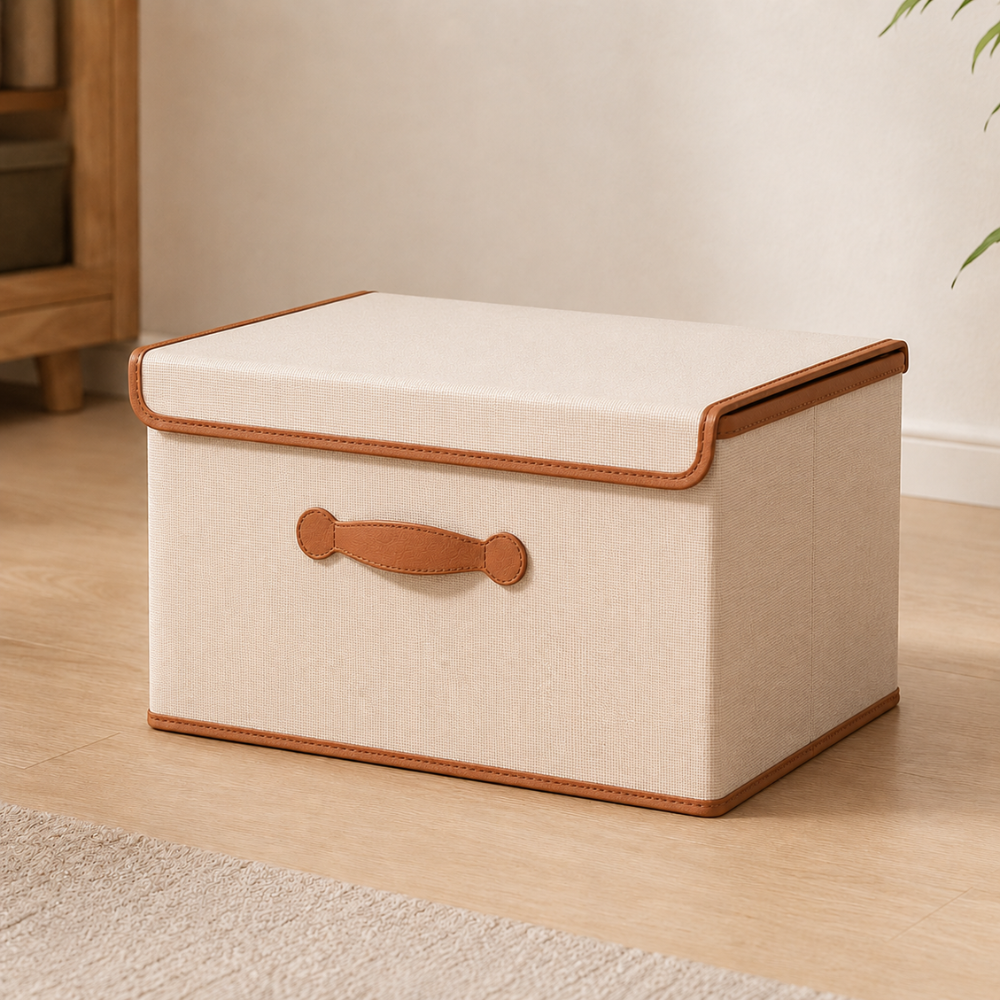 Faltbare Aufbewahrungsbox mit Deckel & Ledergriffen – Stoffbox aus Oxford, Stapelbar