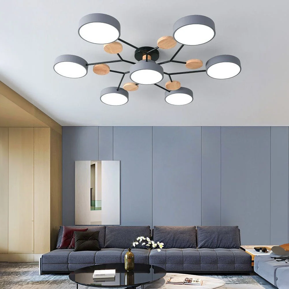 Moderne Mehrpunkt LED Deckenleuchte - Große Holz & Metall Leuchte für Esszimmer