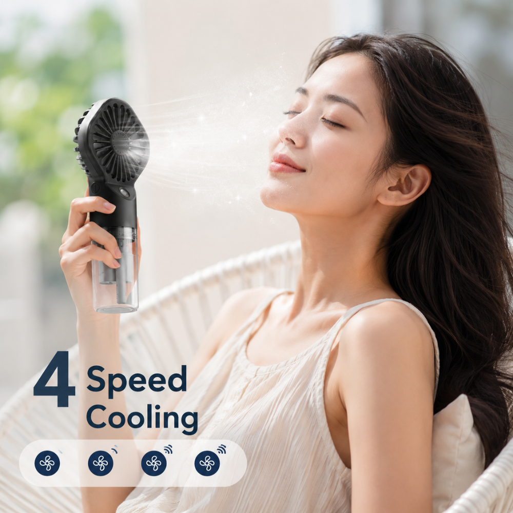 Kompakter Sprüh-Handventilator – USB-aufladbarer Mini-Ventilator mit Wassertank und 4 Geschwindigkeitsstufen für Reisen und Outdoor
