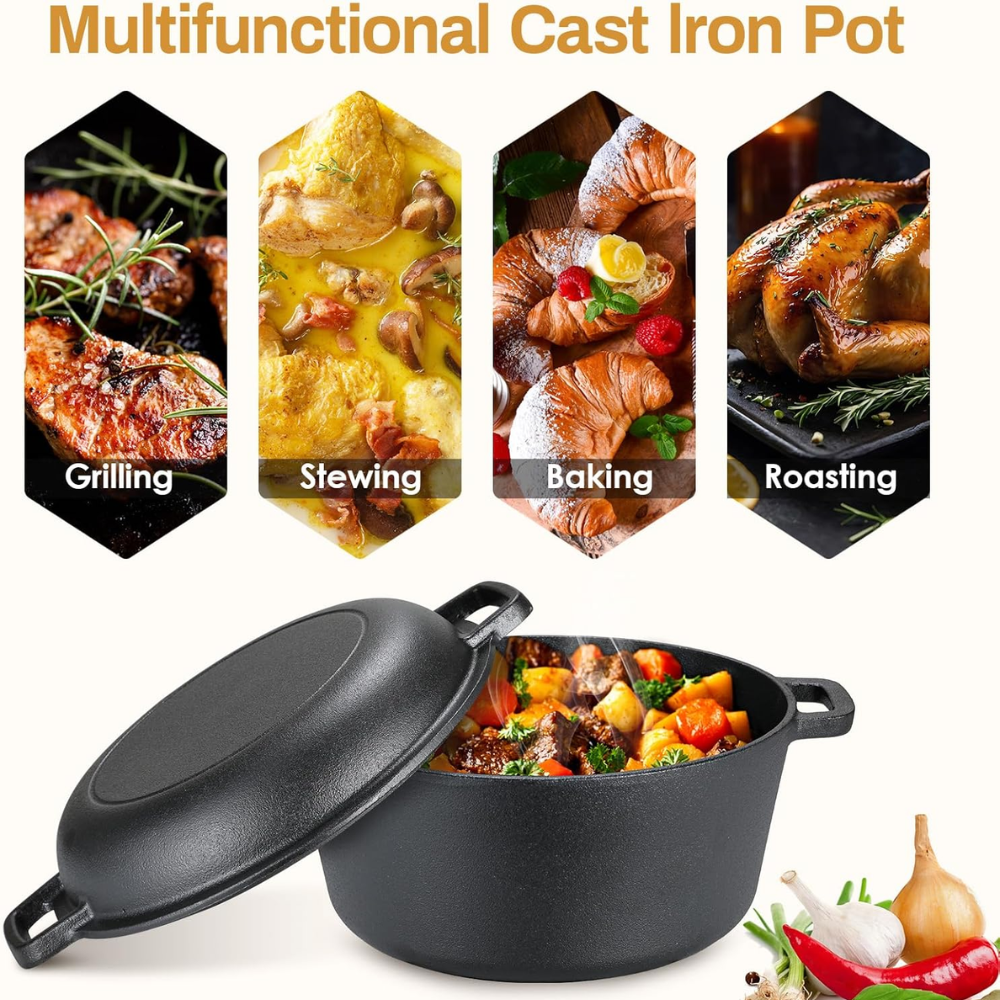 Gusseisen Dutch Oven 26/28 cm – 2-in-1 Schmortopf mit Pfannendeckel für Brot, Braten, Backen & Camping