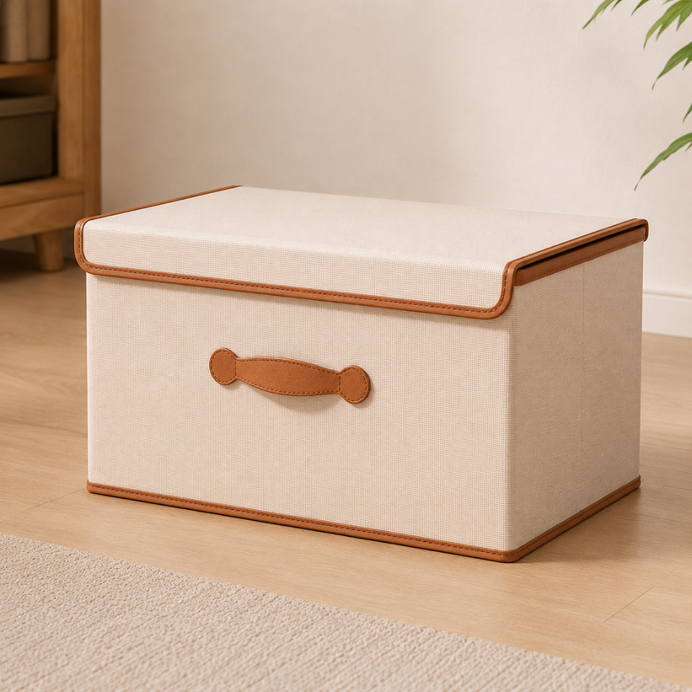 Faltbare Aufbewahrungsbox mit Deckel & Ledergriffen – Stoffbox aus Oxford, Stapelbar