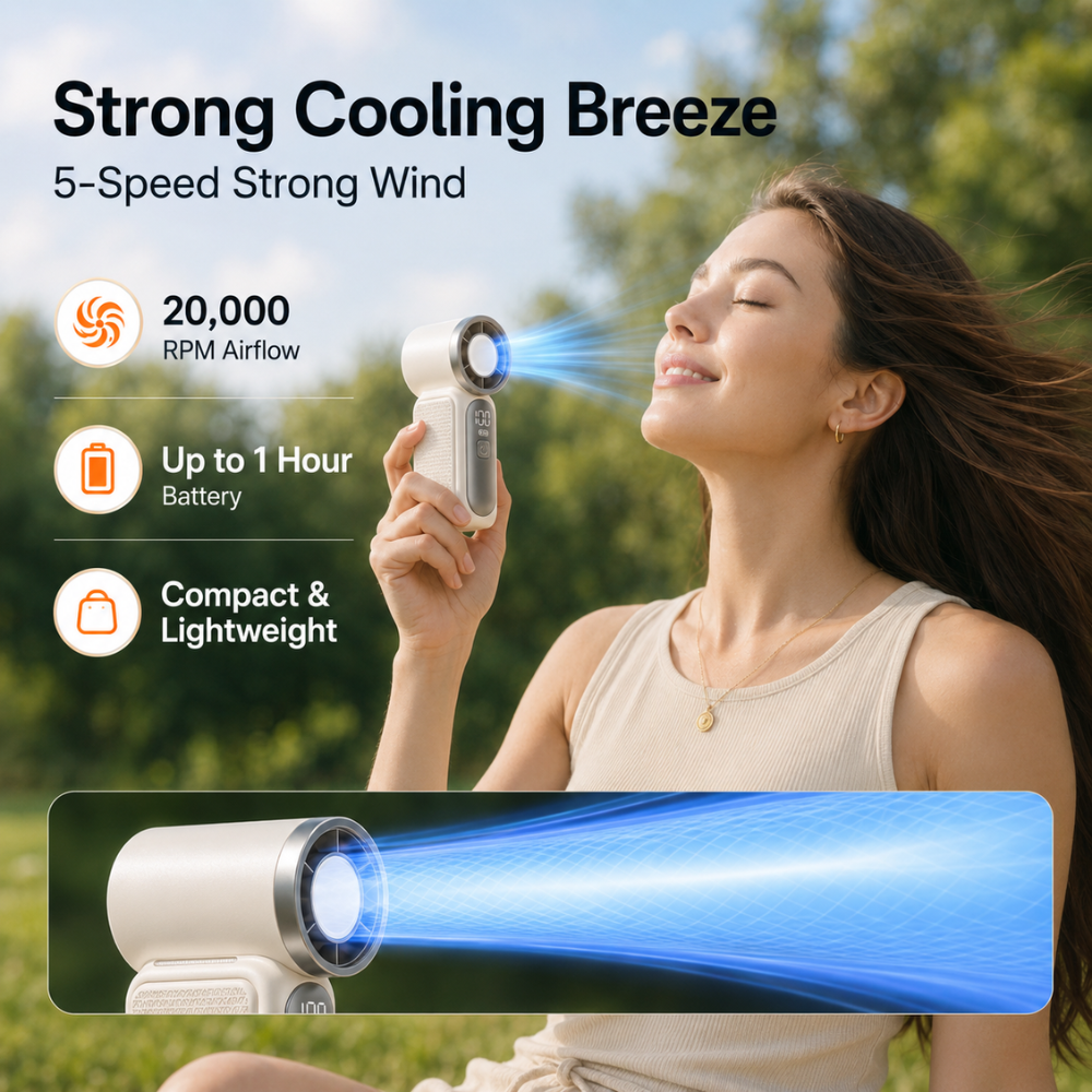 Tragbarer Mini-Turbo-Handventilator – USB-aufladbarer Hochgeschwindigkeits-Ventilator mit 100 Geschwindigkeitsstufen und Digitalanzeige
