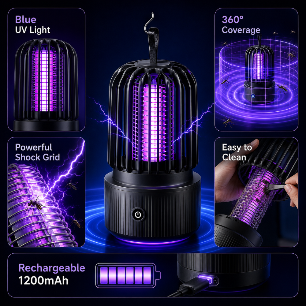 Wiederaufladbare Mückenlampe 2-in-1 – Elektrische UV Insektenfalle mit 1200mAh Akku für Zuhause, Terrasse & Camping