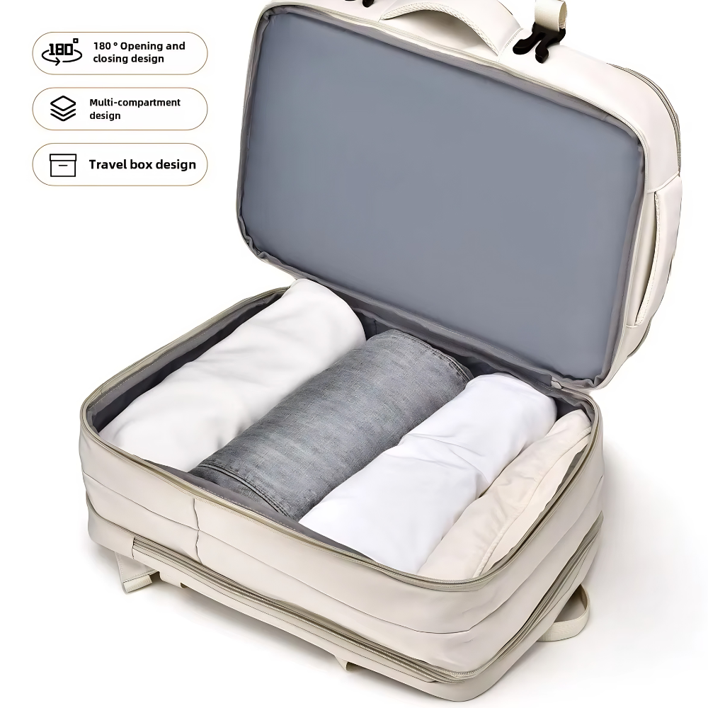 Erweiterbarer Handgepäck-Rucksack 46 × 30 × 16–26 cm – Wasserabweisender Laptop-Reiserucksack mit vielen Fächern