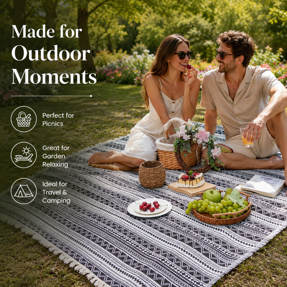 Boho Picknickdecke Outdoor Gewebte Stranddecke Schwarz Weiß mit Streifenmuster für Camping Garten Reise