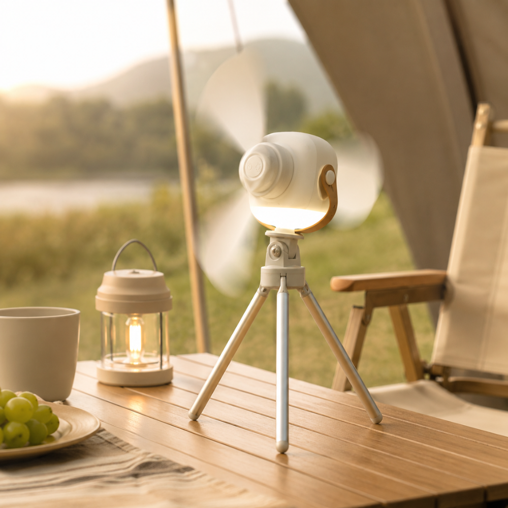 Tragbarer Camping Ventilator mit LED Licht Fernbedienung USB Akku Zelt Deckenventilator Weiß