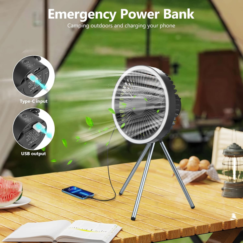 Camping Ventilator mit LED Licht USB Akku Powerbank Hängend oder mit Stativ für Zelt Outdoor