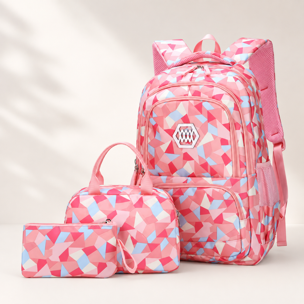 3-teiliges Schulrucksack-Set mit geometrischem Muster – Wasserabweisender Rucksack mit Laptopfach, Lunch-Tasche & Etui