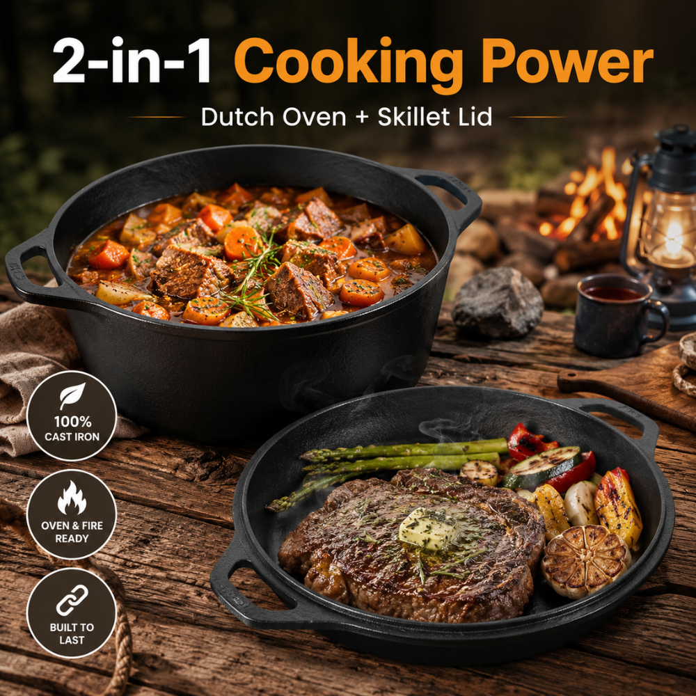 Gusseisen Dutch Oven 26/28 cm – 2-in-1 Schmortopf mit Pfannendeckel für Brot, Braten, Backen & Camping