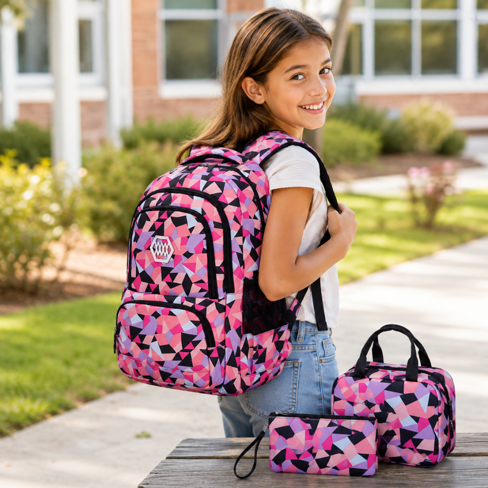 3-teiliges Schulrucksack-Set mit geometrischem Muster – Wasserabweisender Rucksack mit Laptopfach, Lunch-Tasche & Etui