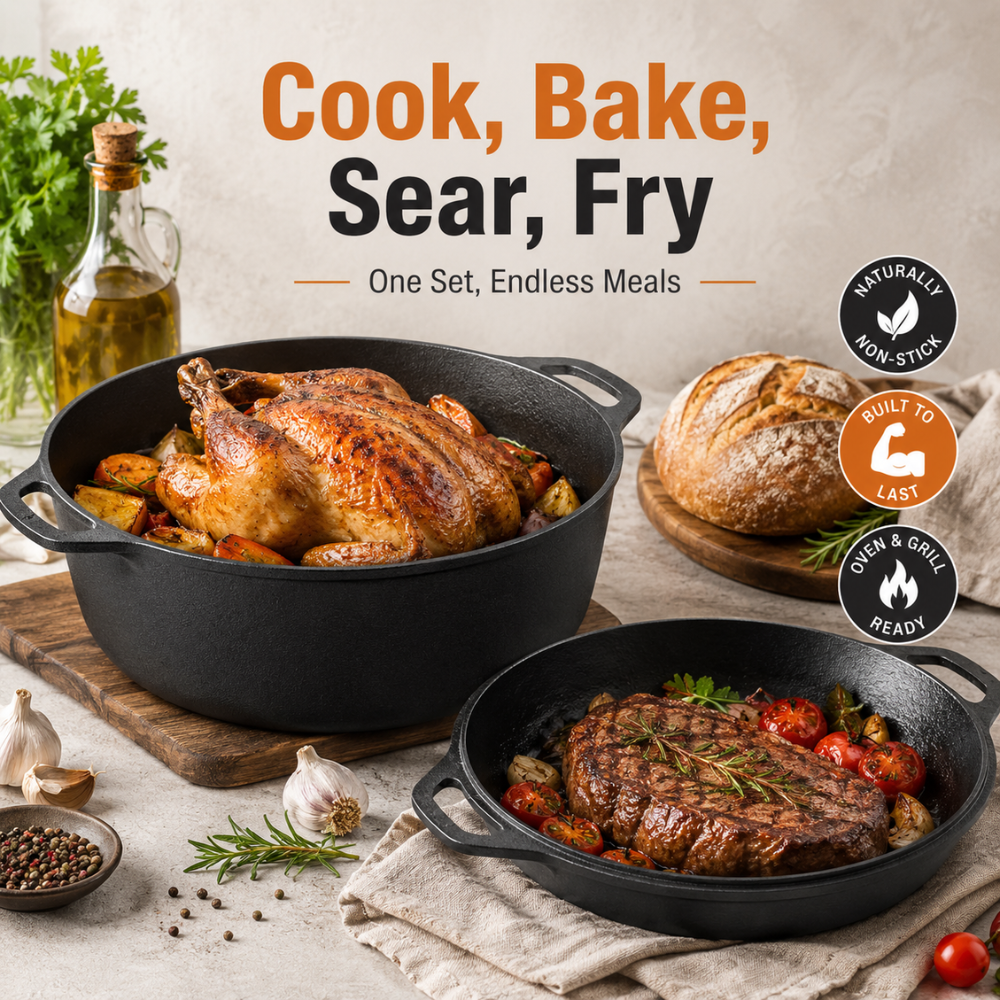 Gusseisen Dutch Oven 26/28 cm – 2-in-1 Schmortopf mit Pfannendeckel für Brot, Braten, Backen & Camping