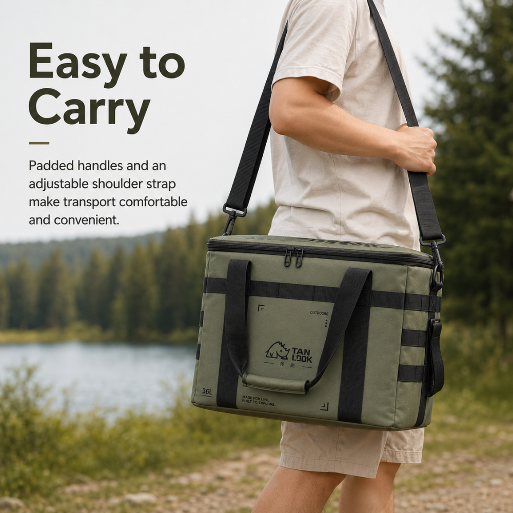Camping Isoliertasche 36L aus Oxford-Stoff mit PVC-Beschichtung | Große Kühltasche mit Schultergurt, Seitenfach und MOLLE-Schlaufen