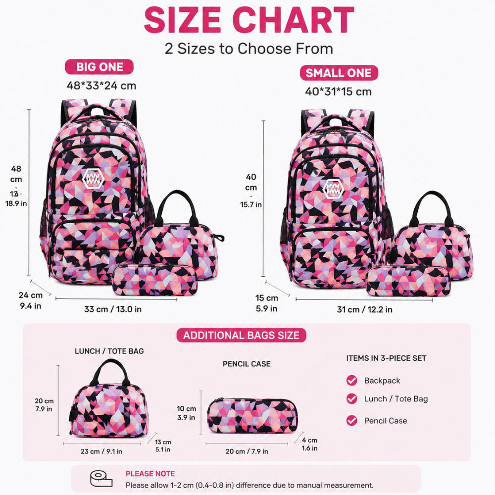 3-teiliges Schulrucksack-Set mit geometrischem Muster – Wasserabweisender Rucksack mit Laptopfach, Lunch-Tasche & Etui