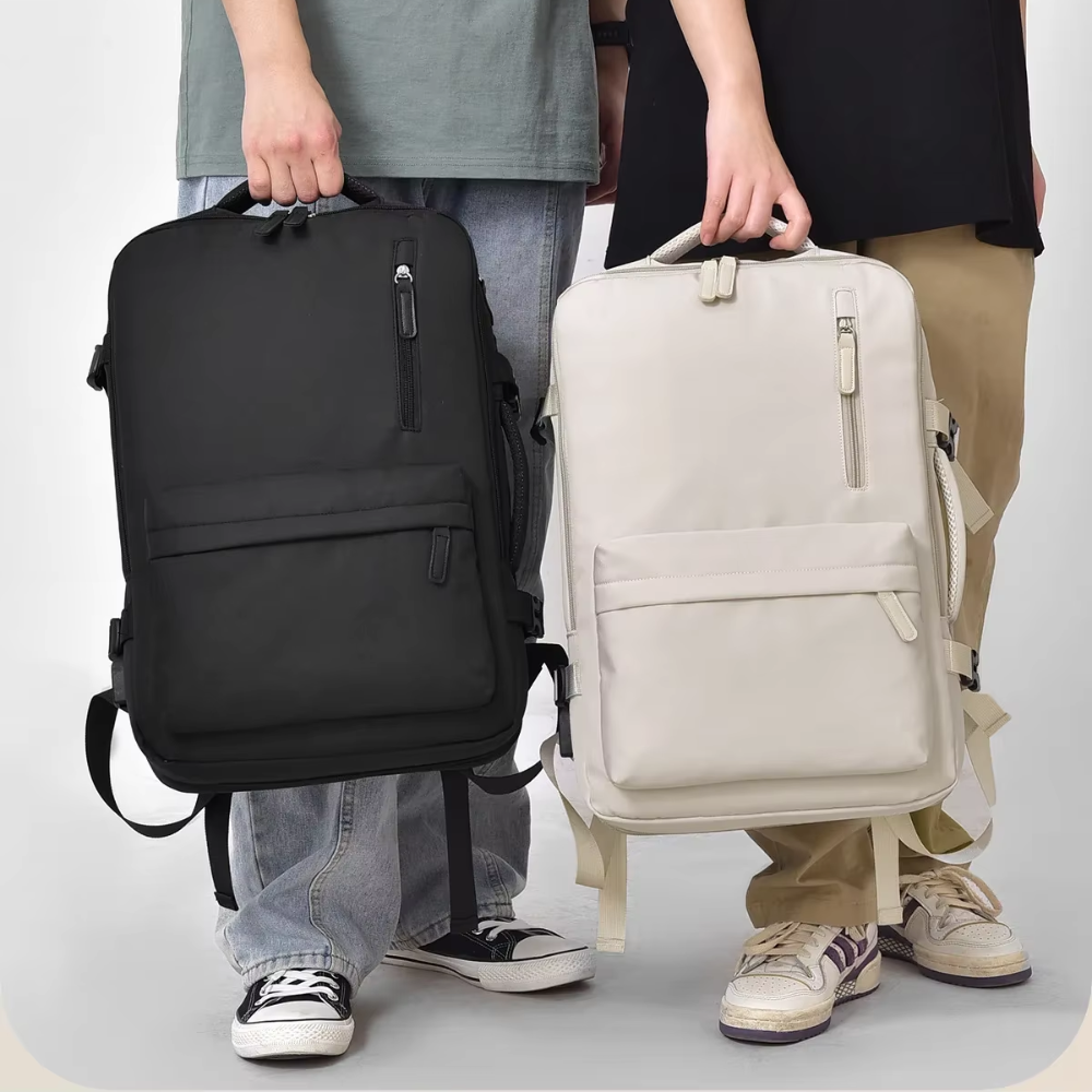 Erweiterbarer Handgepäck-Rucksack 46 × 30 × 16–26 cm – Wasserabweisender Laptop-Reiserucksack mit vielen Fächern