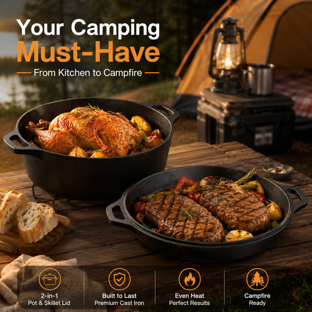 Gusseisen Dutch Oven 26/28 cm – 2-in-1 Schmortopf mit Pfannendeckel für Brot, Braten, Backen & Camping