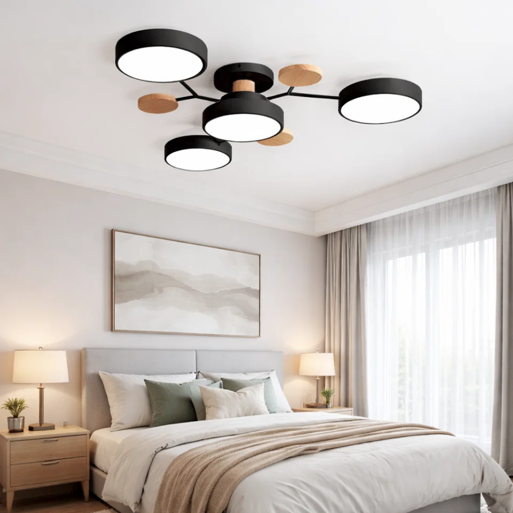 Moderne Mehrpunkt LED Deckenleuchte - Große Holz & Metall Leuchte für Esszimmer