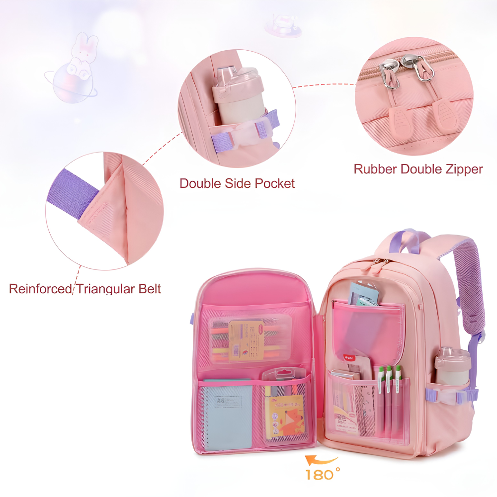 Hasen-Schulrucksack 44 × 30 × 15 cm – Großer Mädchenrucksack mit Brustgurt, Seitentaschen & viel Stauraum