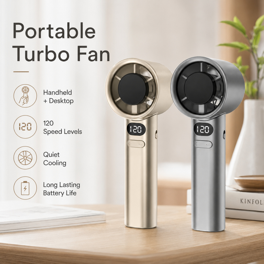 Wiederaufladbarer Handventilator mit Digitalanzeige – kompakter USB-Mini-Ventilator mit stufenloser Geschwindigkeitsregelung für Reise, Büro und Zuhause