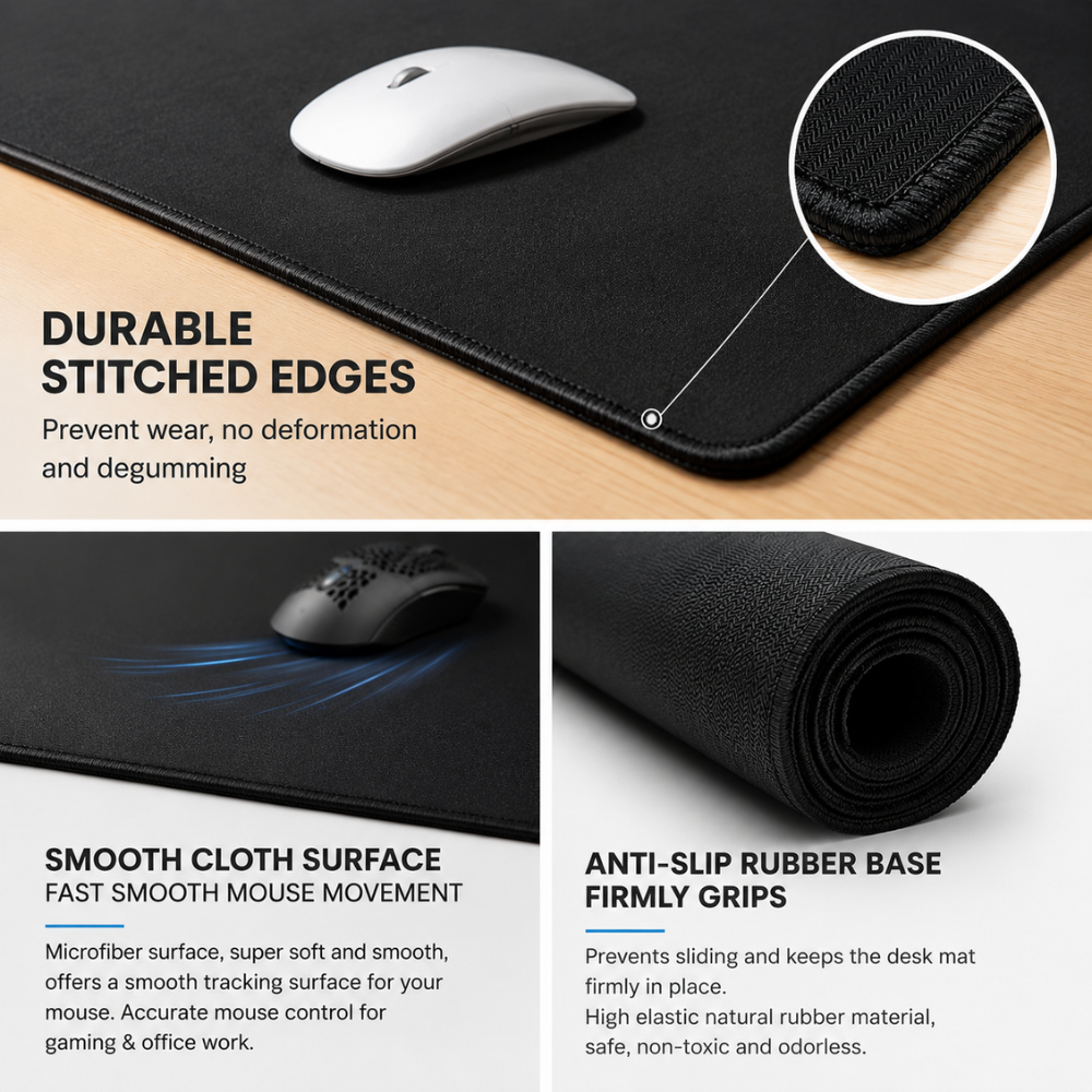 2er-Set Große Schreibtischunterlagen & Mauspads 90 × 40 cm – Minimalistische rutschfeste Deskmats mit genähtem Rand für Büro, Homeoffice & Gaming