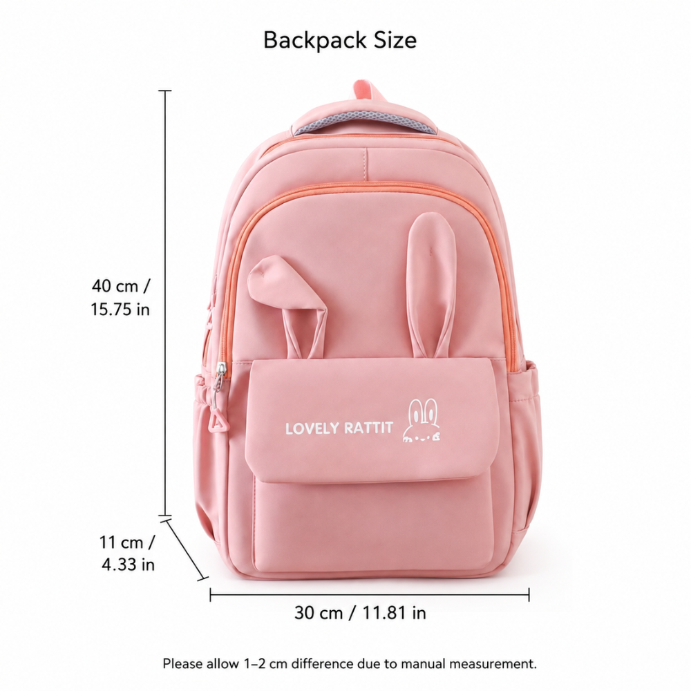 Schulrucksack-Set 4-teilig mit Hasenohren – Großer Nylon-Rucksack mit Tragetasche, Beutel & Mäppchen für Schule & Freizeit