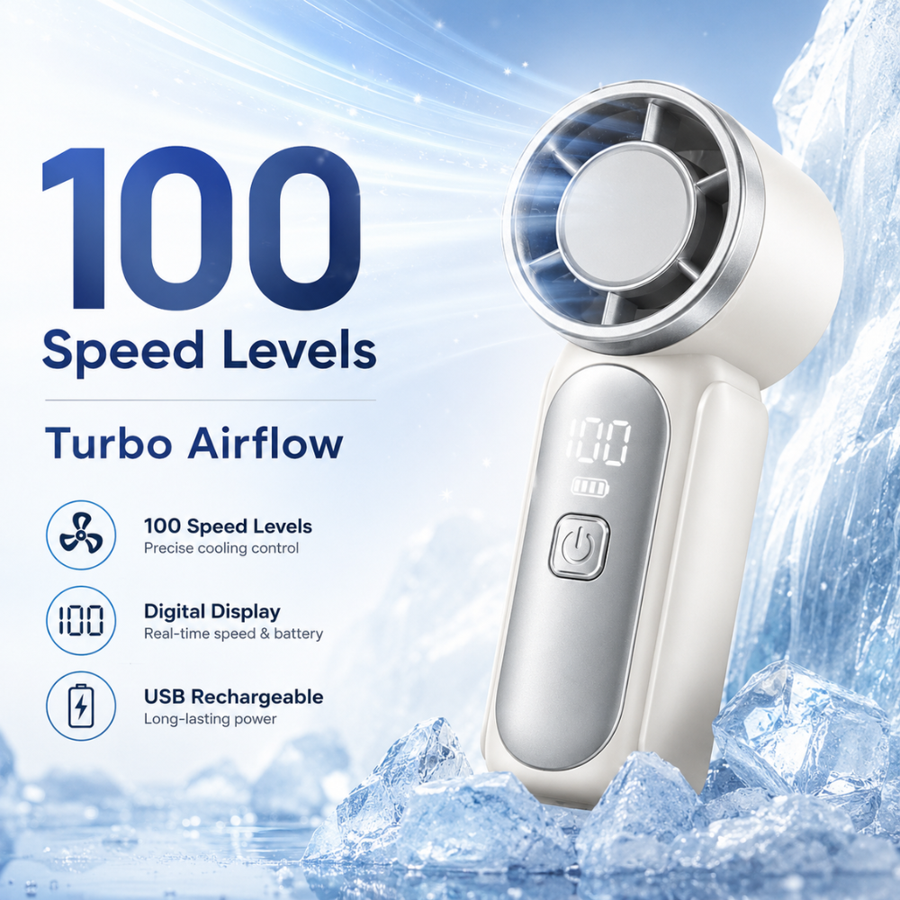 Tragbarer Mini-Turbo-Handventilator – USB-aufladbarer Hochgeschwindigkeits-Ventilator mit 100 Geschwindigkeitsstufen und Digitalanzeige