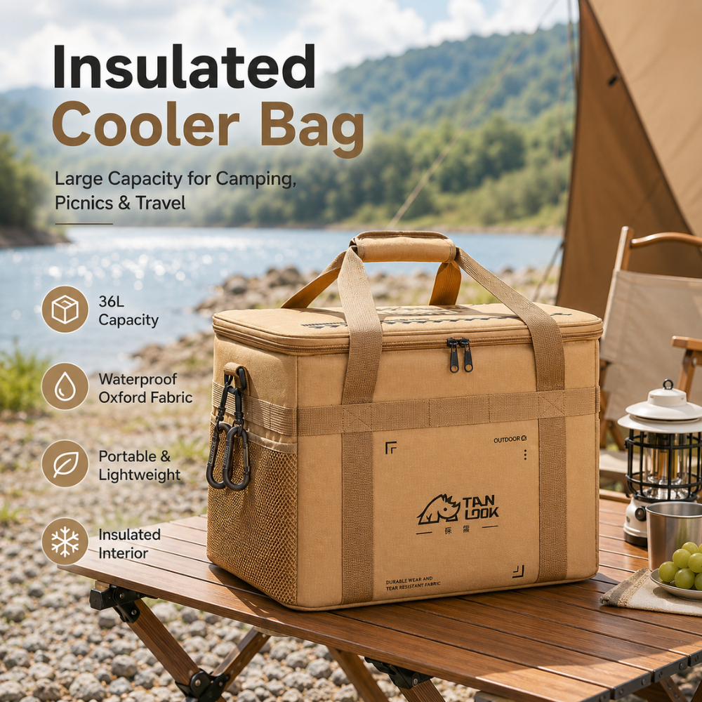 Camping Isoliertasche 36L aus Oxford-Stoff mit PVC-Beschichtung | Große Kühltasche mit Schultergurt, Seitenfach und MOLLE-Schlaufen