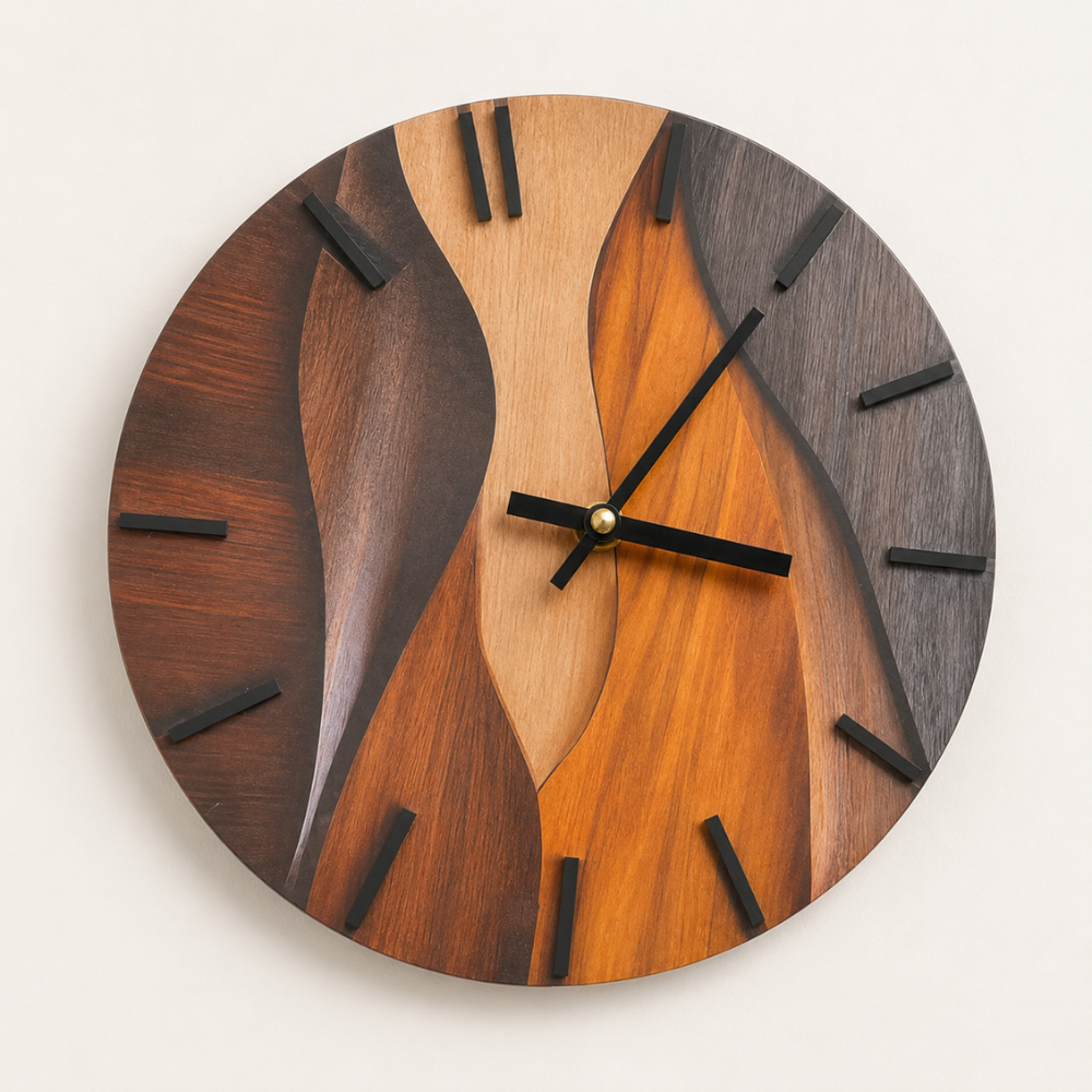 Moderne Wanduhr 30 cm in Holzoptik | Runde Designer-Uhr mit Wellenmuster und leisem Uhrwerk