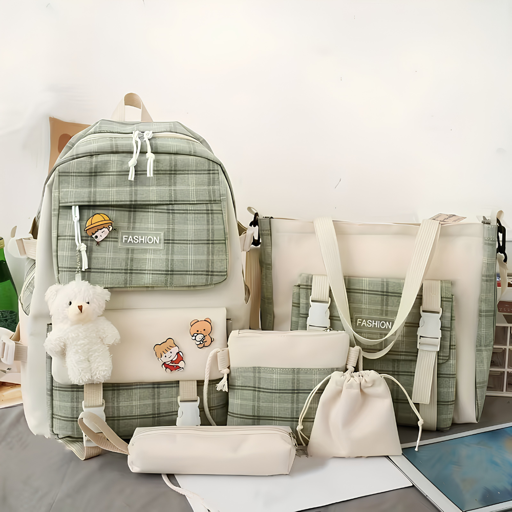 Schulrucksack-Set 5-teilig mit Karomuster – Großer Rucksack mit Tragetasche, Mäppchen, Beutel & Anhängern für Schule & Freizeit
