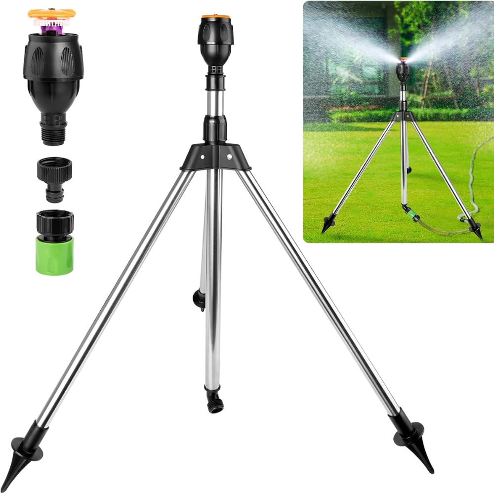 360° Gartensprinkler mit Stativ – Rotierender Rasensprenger mit teleskopischem Dreibein für Garten, Rasen & Bewässerung