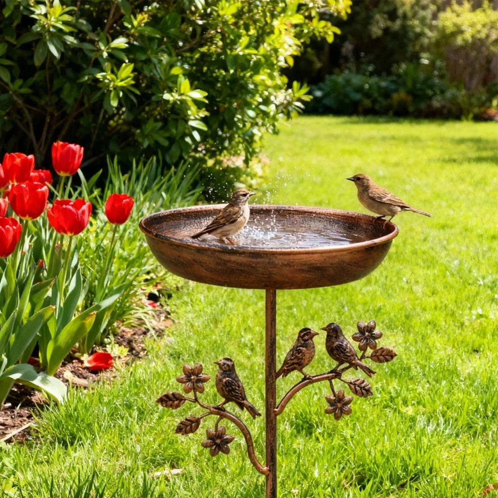 Vogeltränke Garten | Freistehendes Vogelbad aus Eisen mit Erdspieß und Vogeldekor