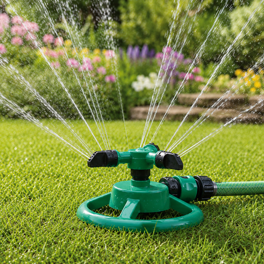 360° Rasensprenger mit 3 verstellbaren Sprüharmen – Automatischer Gartensprinkler für Rasen, Beete & Bewässerung