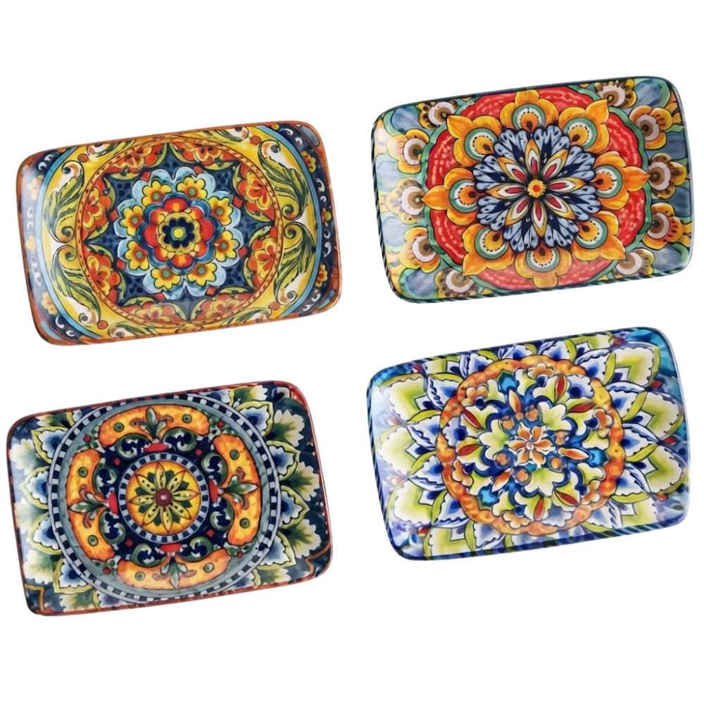 Servierplatten 4er-Set aus Keramik – Rechteckige Platten mit buntem Mandala-Muster für den Tisch