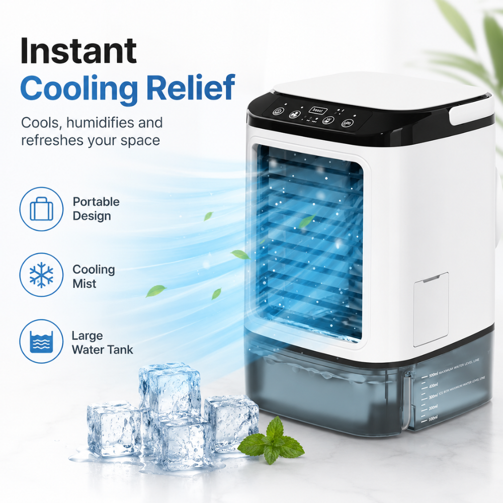 Mobiler Mini Luftkühler USB mit Luftbefeuchter 3 Geschwindigkeiten 900ml Wassertank LED Nachtlicht