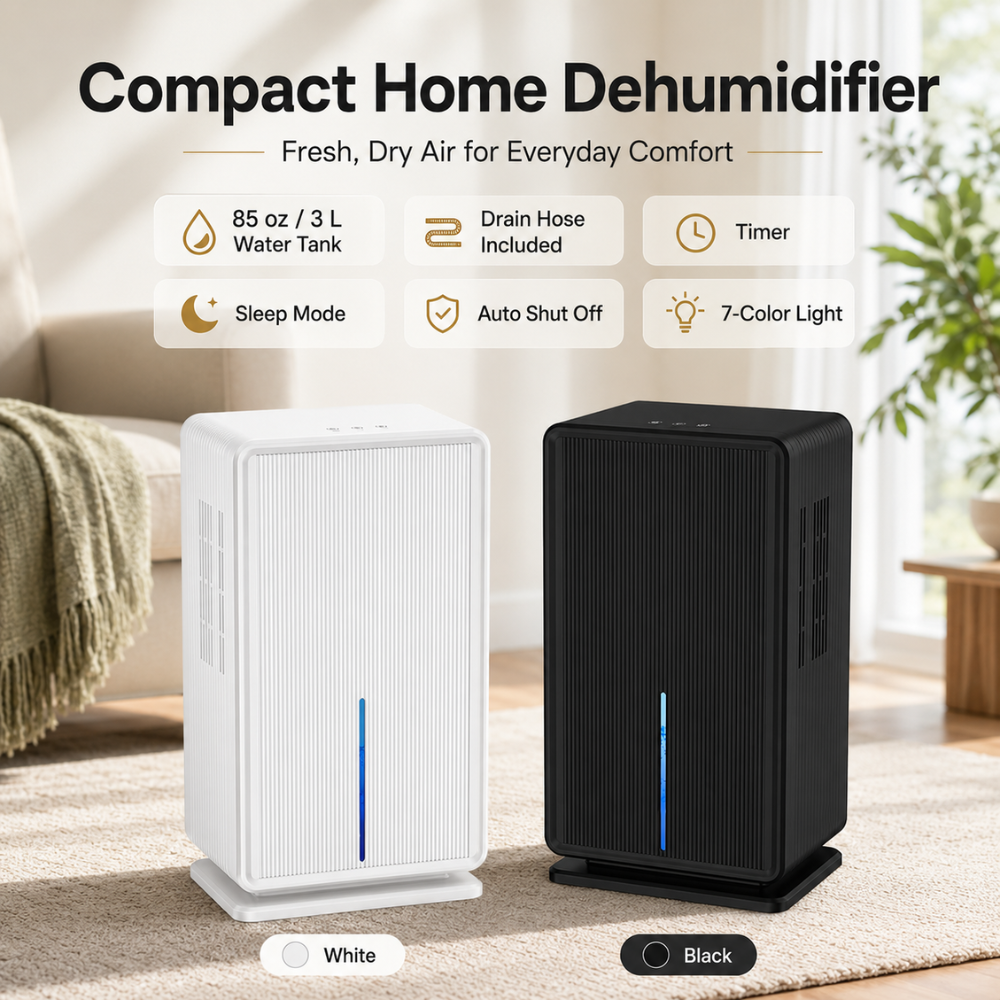 Kompakter 3L Luftentfeuchter für Zuhause | Leiser Raumentfeuchter mit Timer, Schlafmodus, Auto-Abschaltung und LED-Licht