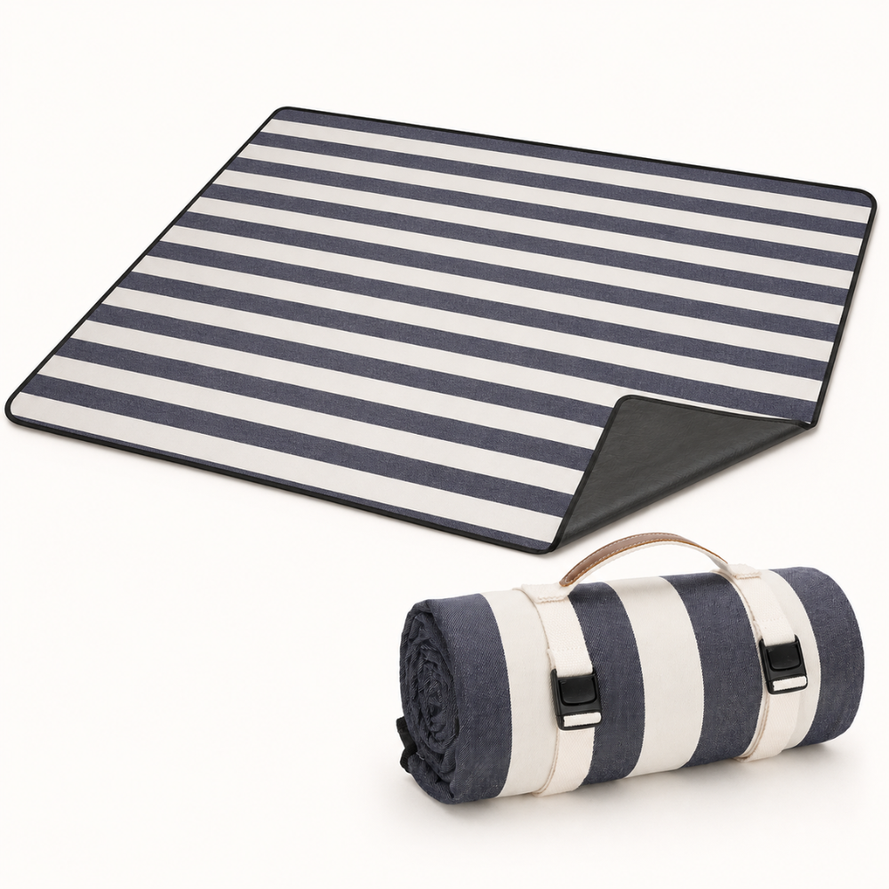 Gestreifte Outdoor Picknickdecke 150 x 200 cm aus Polyester | Faltbare Stranddecke mit Tragegurt