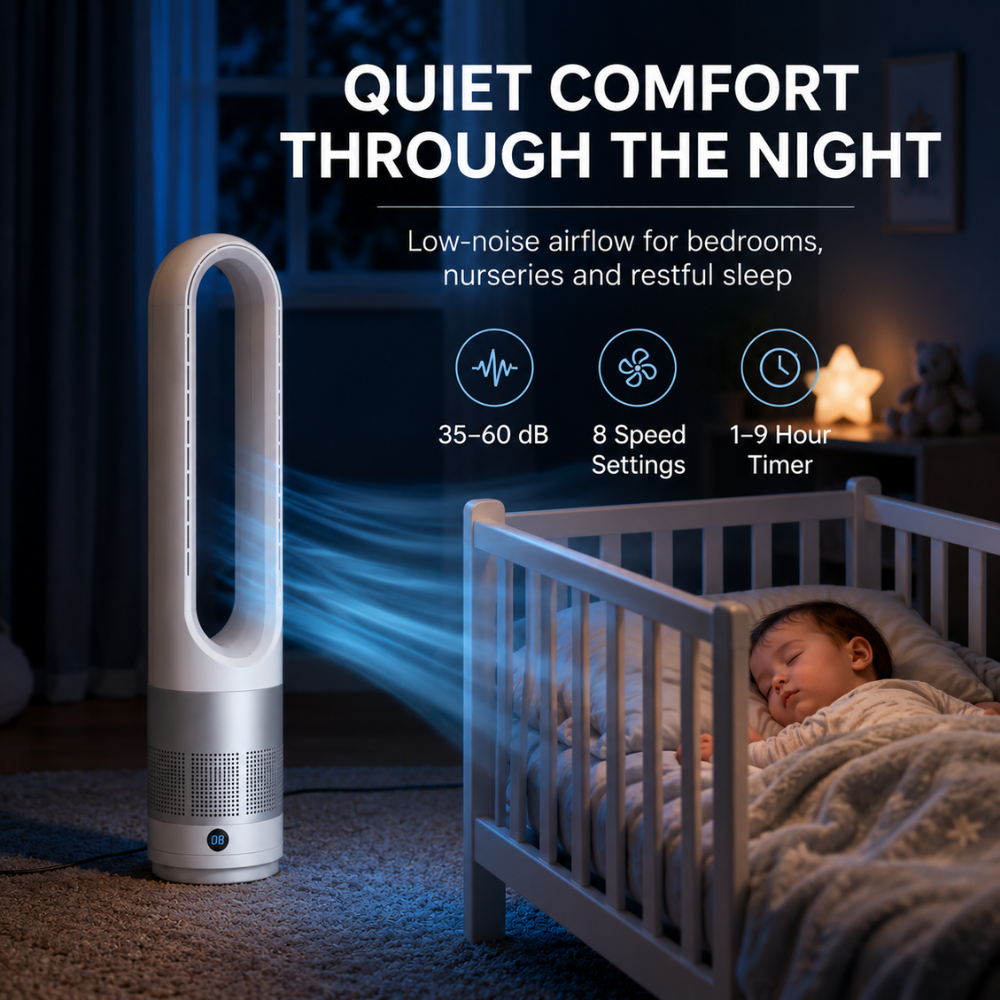 Leiser flügelloser Turmventilator mit Fernbedienung, Timer & 8 Geschwindigkeiten | 20 W Standventilator für Schlafzimmer, Büro & Wohnzimmer