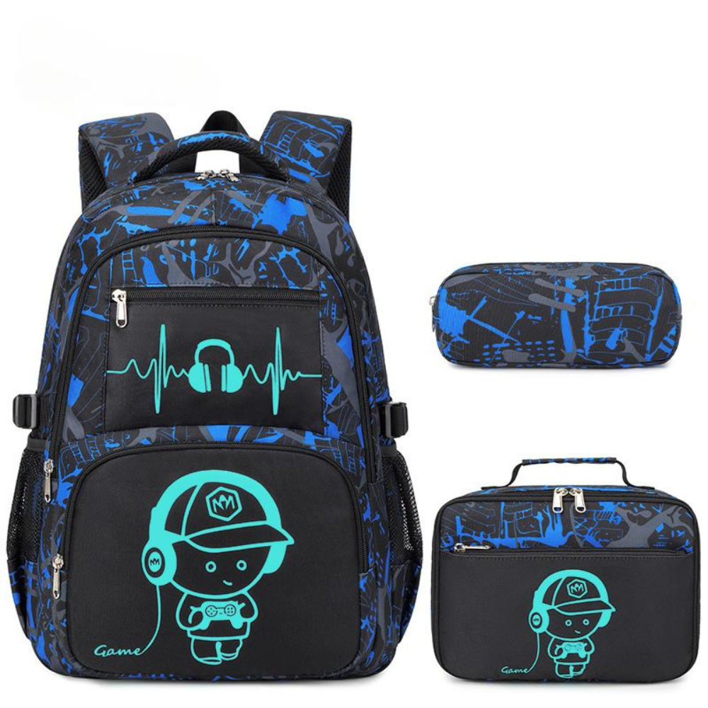 Kinder-Schulrucksack-Set mit Gamer-Motiv 32 × 21 × 45 cm – 3-teiliges Rucksack-Set aus Polyester mit Lunchbag & Federmäppchen