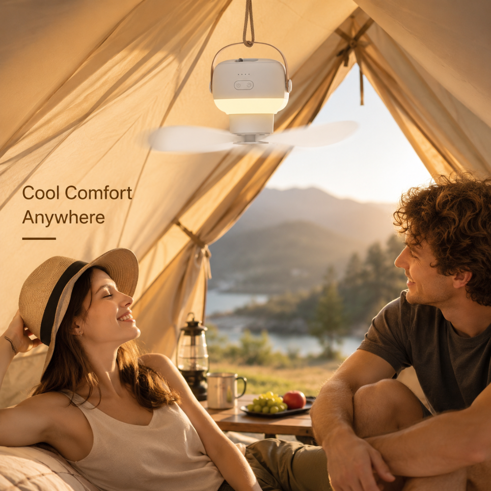 Tragbarer Camping Ventilator mit LED Licht Fernbedienung USB Akku Zelt Deckenventilator Weiß
