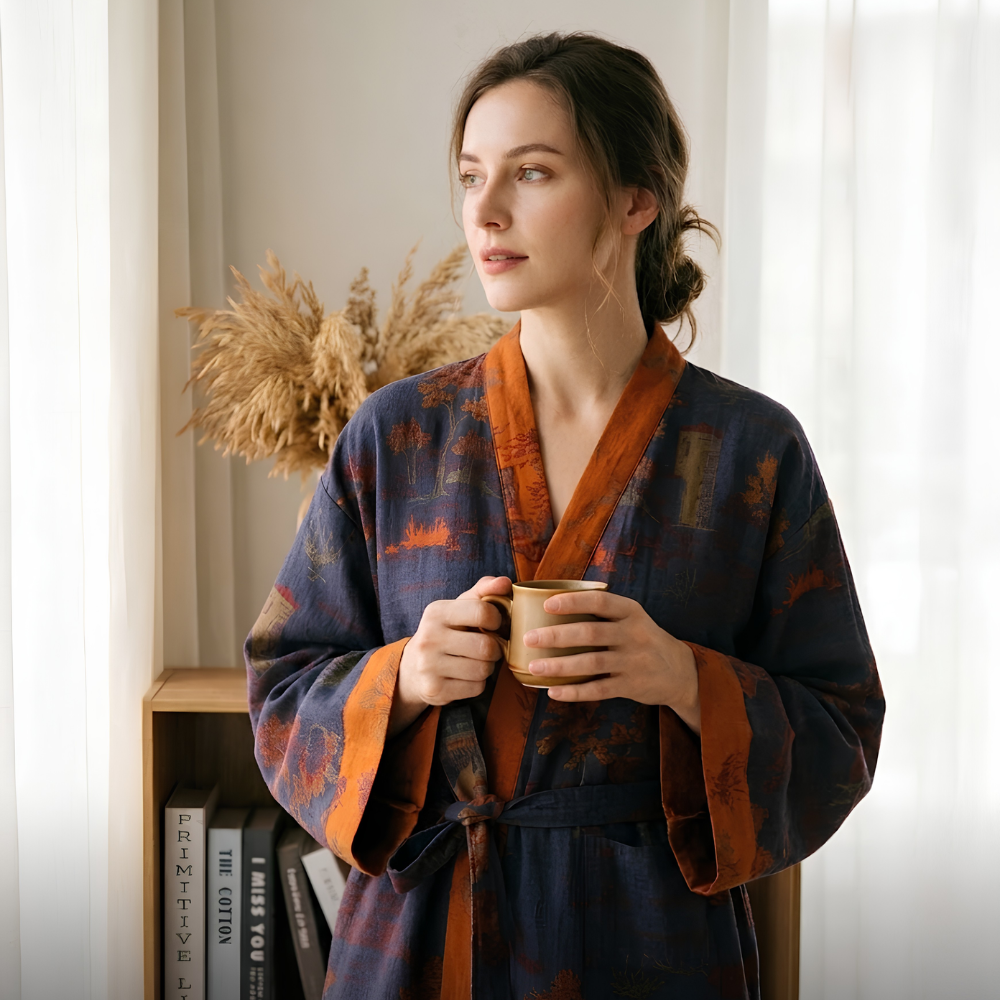 Atmungsaktiver Kimono - Dünner Baumwoll Bademantel mit Gürtel & V-Ausschnitt