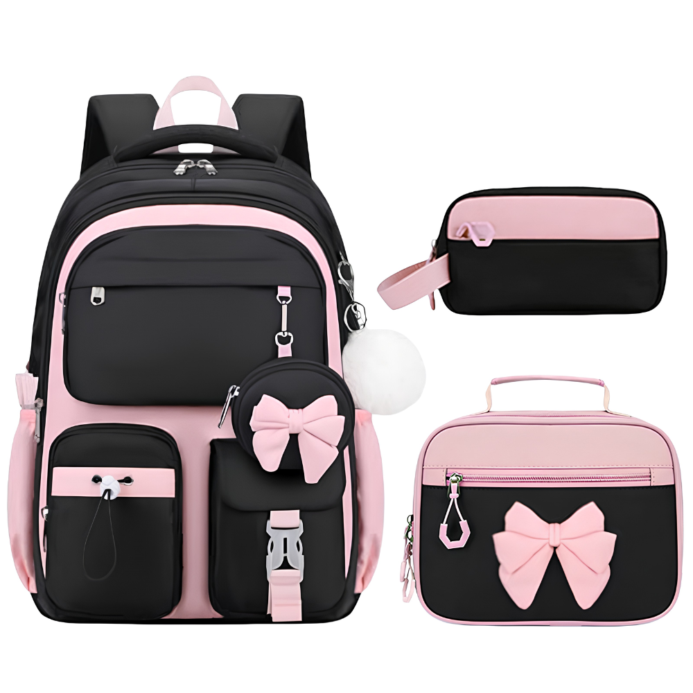 Kinder-Schulrucksack-Set mit Schleifen-Design – 3-teiliges wasserabweisendes Rucksack-Set mit Lunchbag & Federmäppchen