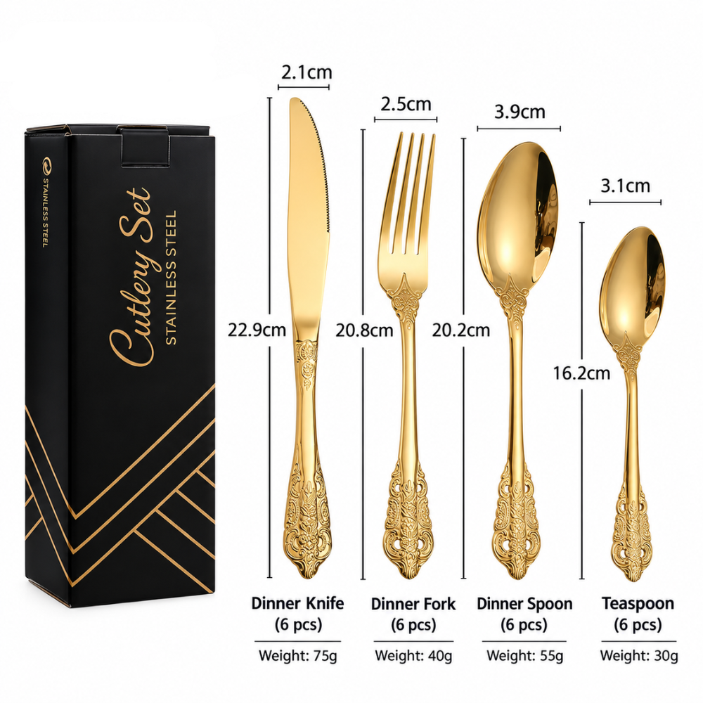 Elegantes Edelstahl Besteckset in Goldoptik - 24-teiliges Menübesteck mit prunkvollem Griff
