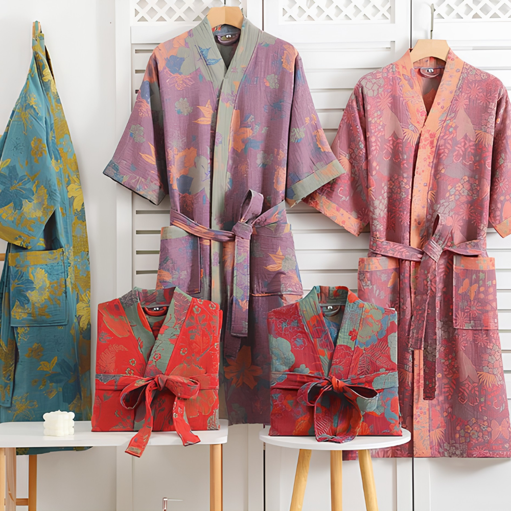 Riona Kimono Morgenmantel Damen - Leichter Baumwoll Bademantel Bedruckt mit Blumenmuster