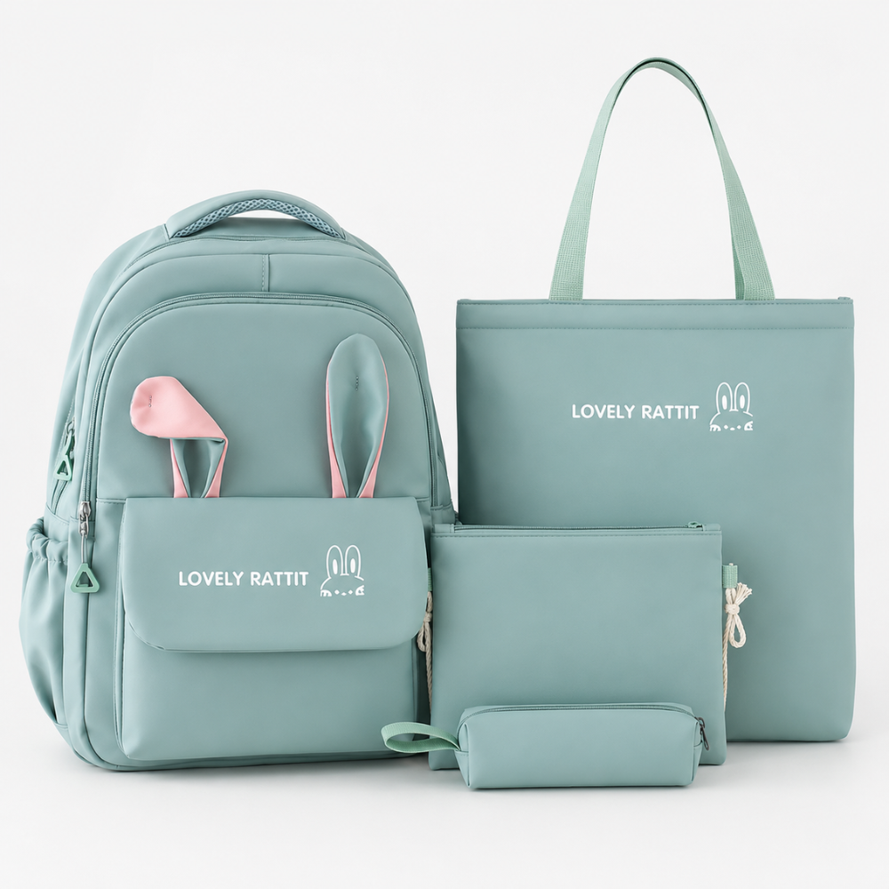 Schulrucksack-Set 4-teilig mit Hasenohren – Großer Nylon-Rucksack mit Tragetasche, Beutel & Mäppchen für Schule & Freizeit