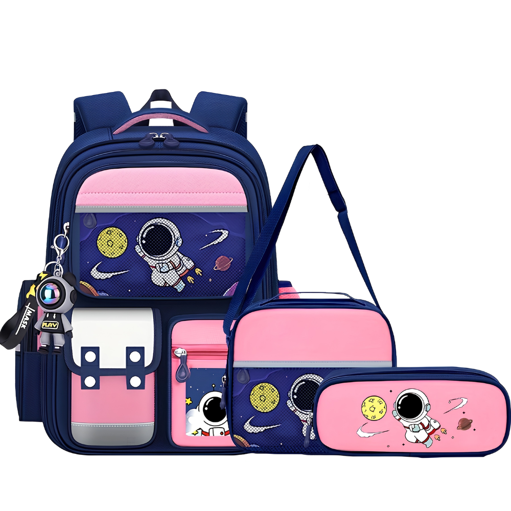 Schulrucksack 3-teilig mit Astronauten-Motiv – Großer Rucksack mit Lunchbag & Federmäppchen für Schule, Reisen & Alltag
