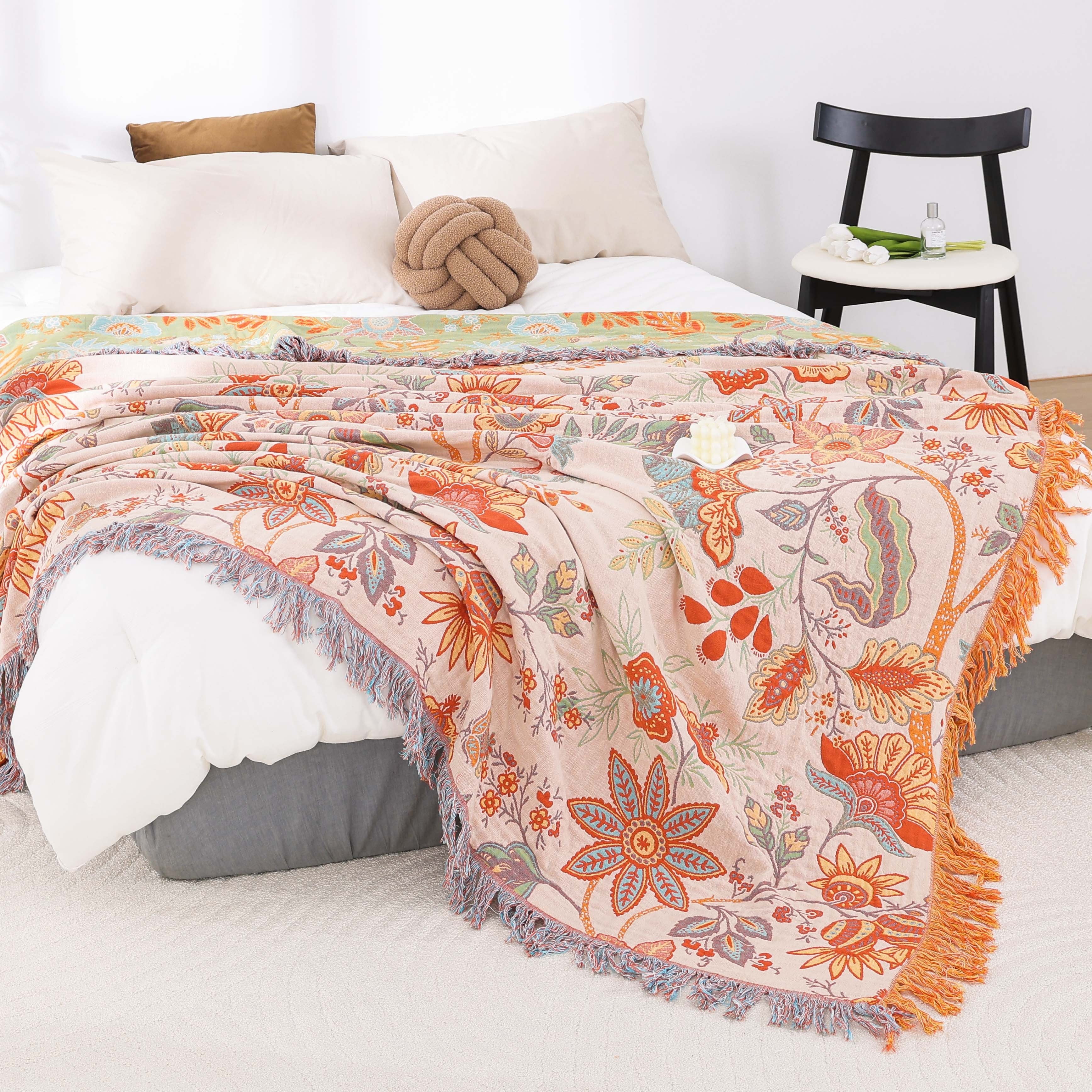 Boho Jacquard Baumwolldecke mit Fransen – Sofadecke, Tagesdecke & Bettüberwurf mit floralem Muster