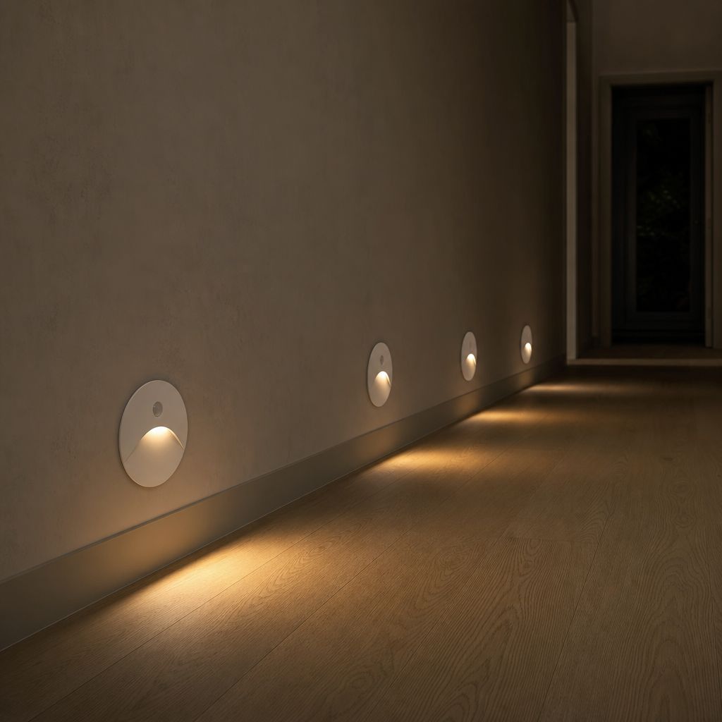LuminiPath LED Wandleuchte Weiss Rund im Flur bei Nacht mit warmweissem Licht